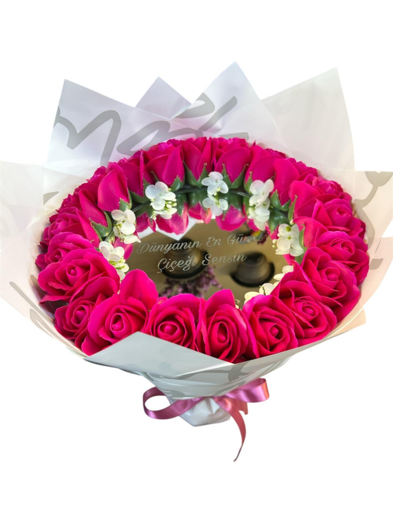 Aynalı pembe gül buketi