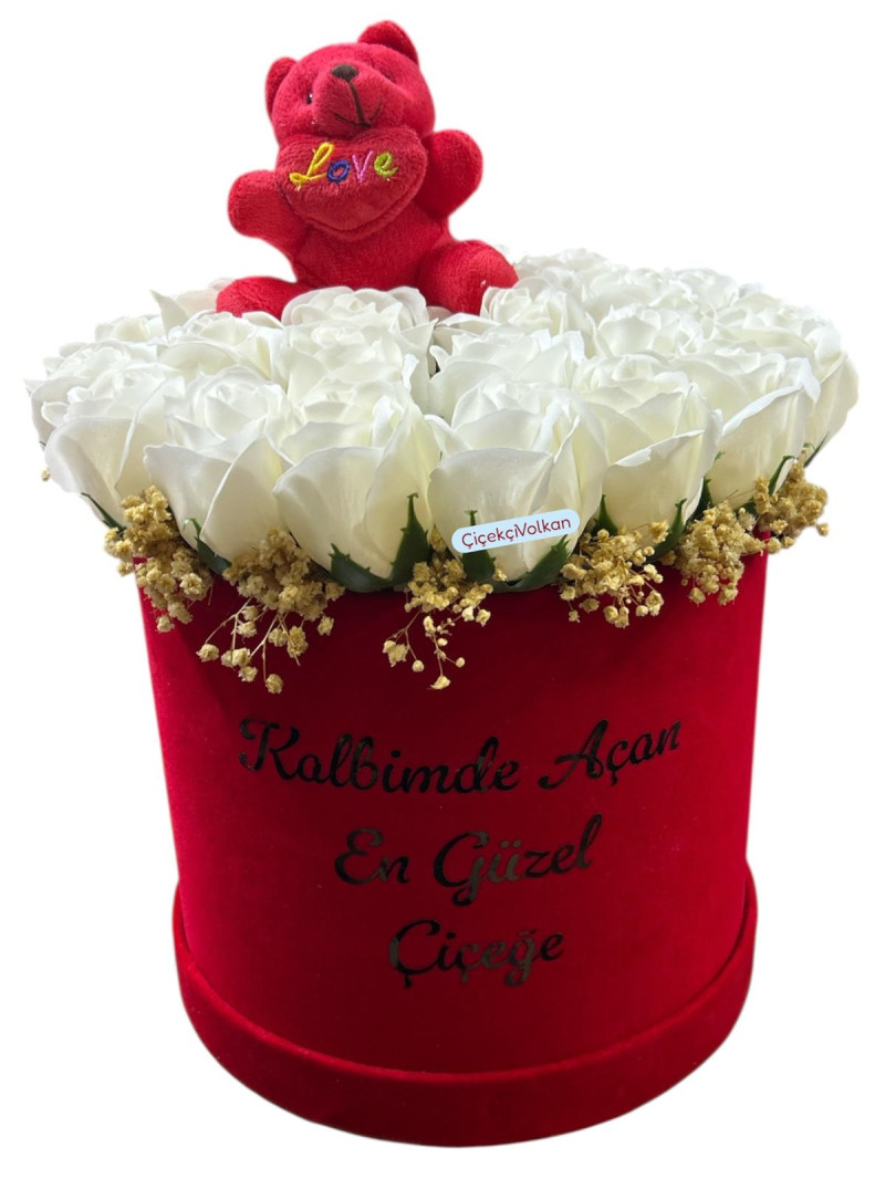 Kırmızı kadife kutuda beyaz güller