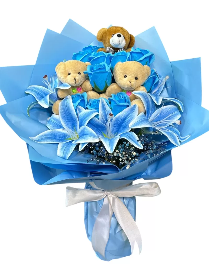 mavi lilyumlu güllü ayıcık buketi
